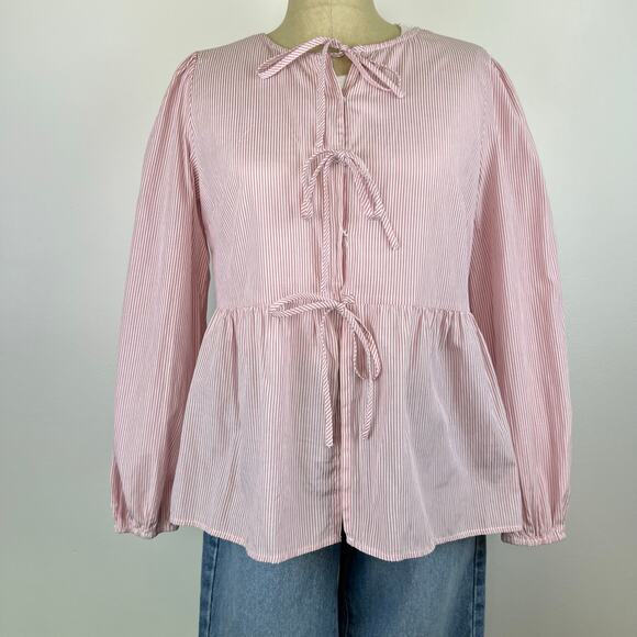 Striped Light Red Tie Bow Front Long Sleeve Blouse Top (Sz M) - Picture 6 of 11